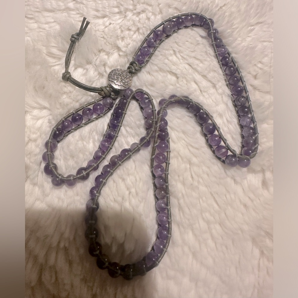 Amethyst wrap bracelet bohemian glass stone distressed leather handcrafted rare